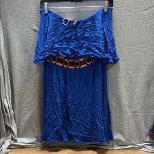 Vibrant Blue Strapless Dress with Colorful Waistband